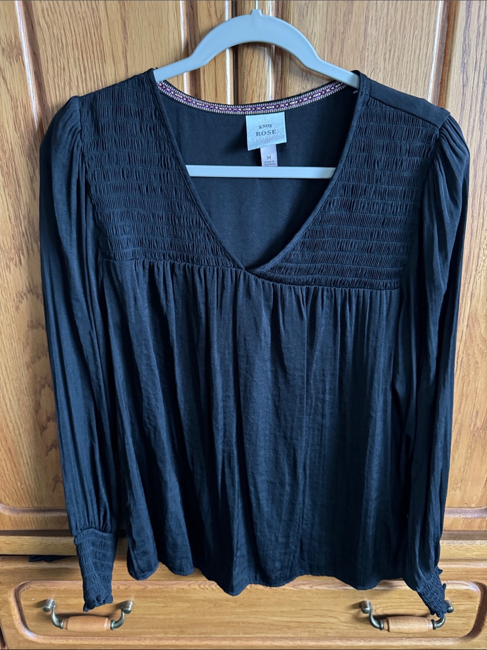 Knox Rose Black Smocked V-Neck Long-Sleeve Blouse